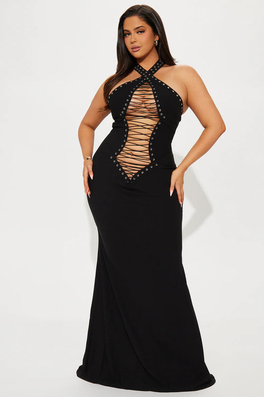 Cut Out Lace Up Maxi Dress (3XL)