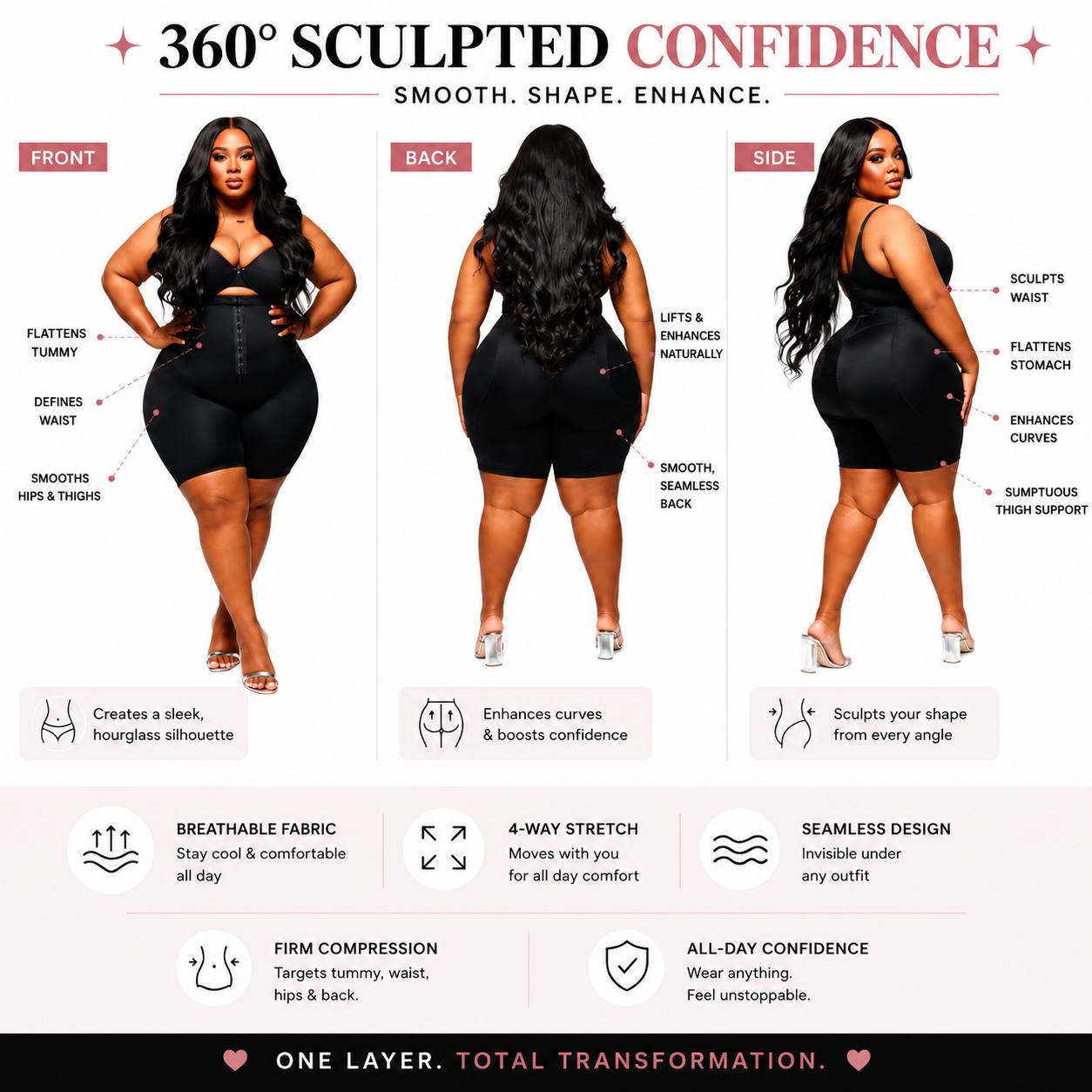 Front, side, and back views of the Karla Tobie Sculpting Shapewear Bodysuit highlighting key features