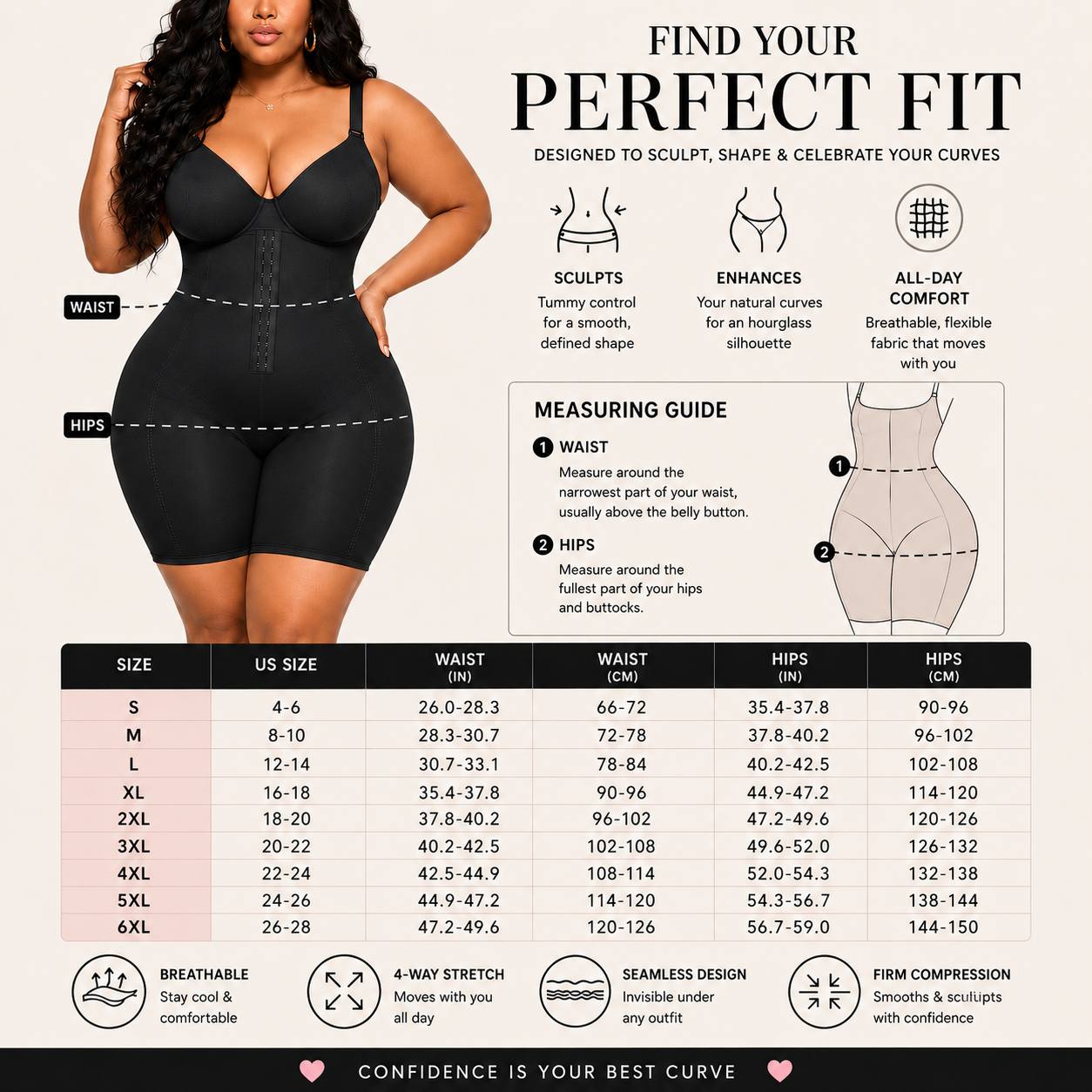 Size guide for the Karla Tobie Sculpting Shapewear Bodysuit with waist and hip measurements, measuring instructions, and size chart.