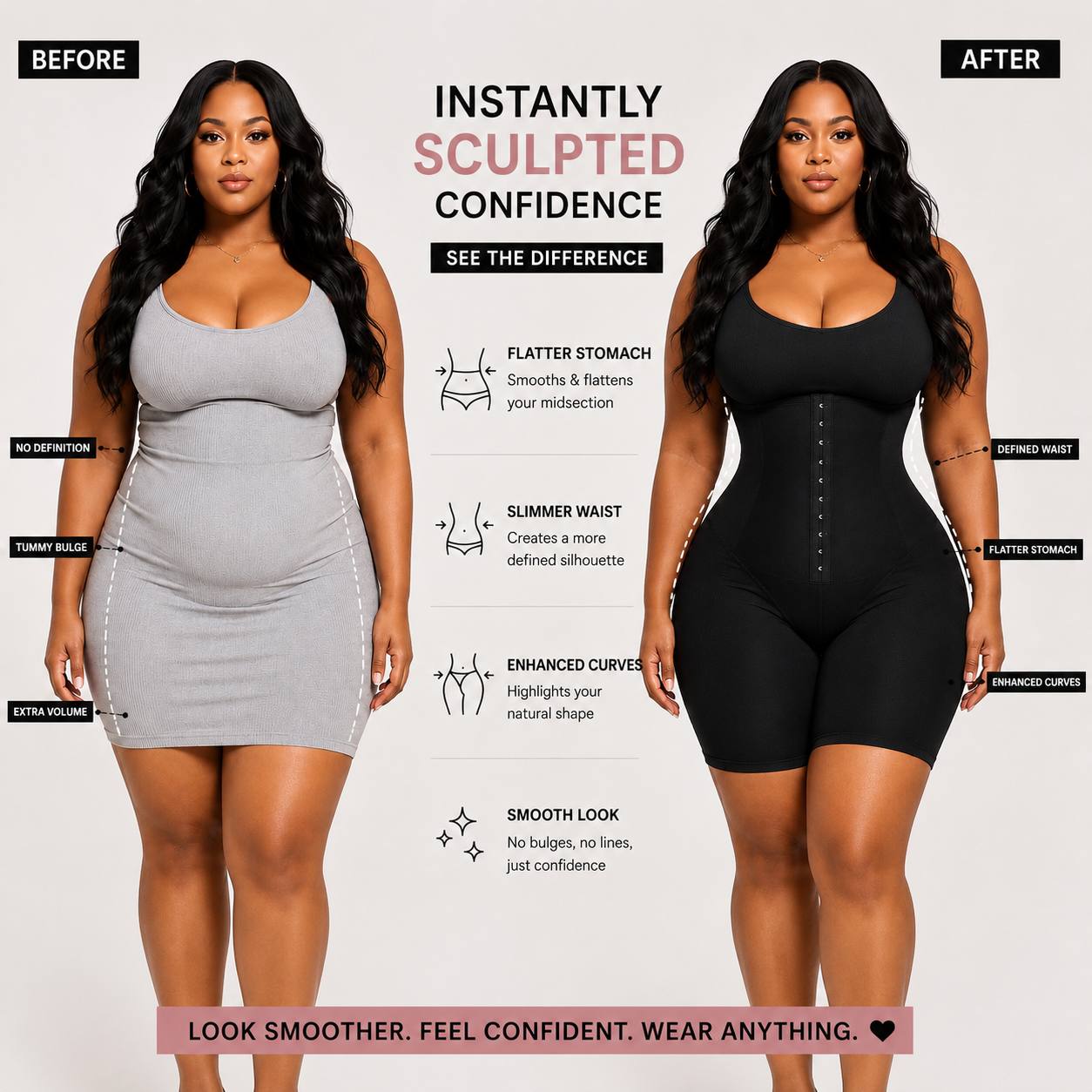 Comparison showing the appearance before and while wearing the Karla Tobie Sculpting Shapewear Bodysuit.