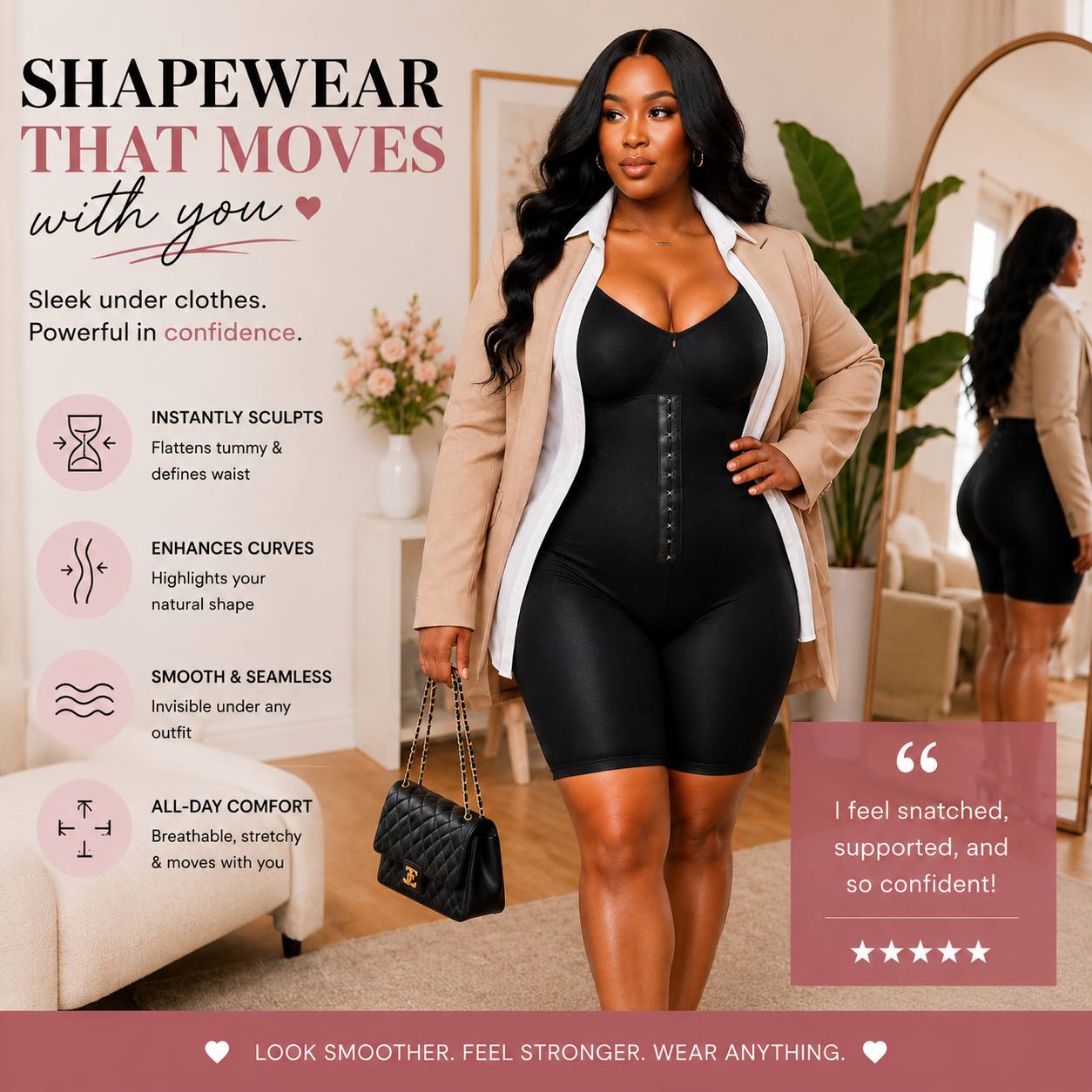 Woman wearing the Karla Tobie Sculpting Shapewear Bodysuit underneath a fitted dress.